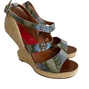 Paloma Barcelo Blue Snakeskin Architectural Wedge Sandals 8